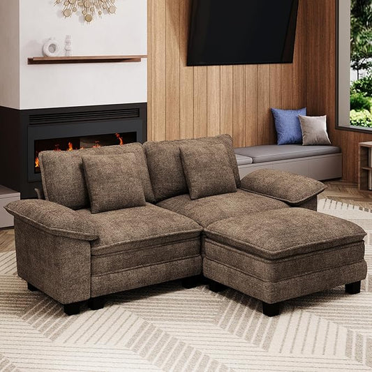 87-Inch L Shaped Sectional Sofa with Cloud Cushions, Deep Seat Modular Couch Set w/ 3 Seats & 1 Ottomans, Removable Arms, Plush Chenille Upholstery for Living Room, Apartment - Taupe