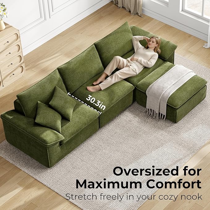 LIKIMIO 120" L-Shaped Modular Sectional Sofa, Cloud Sectional Couch with Deep Seat, Comfy Teddy Upholstery, Oversized 3-Seater with Ottoman, Boneless Couch for Living Room, No Assembly, Green