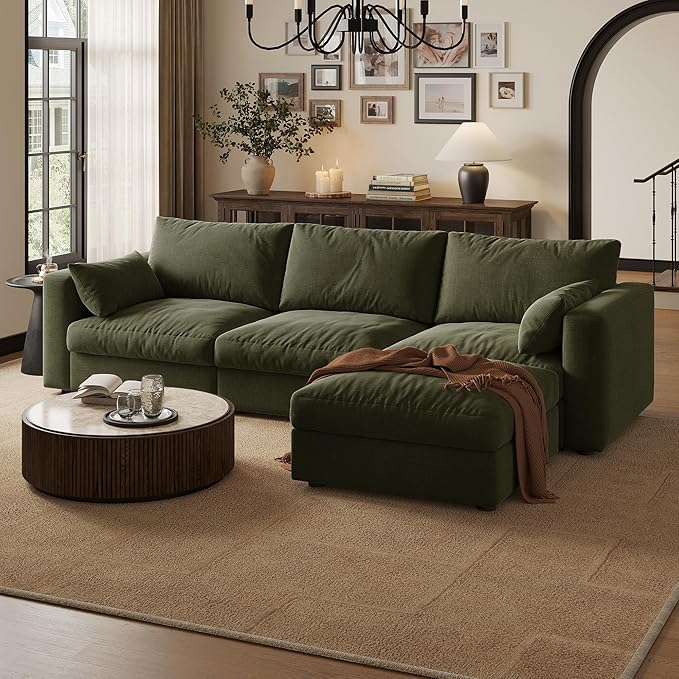 Cloud Modular Sectional Sofa Couch with Storage Ottoman, 99" Oversized Sectional Couches for Living Room, Cloud Modular L-Shaped Sofa with Chaise, 4 Seater, Chenille, Green