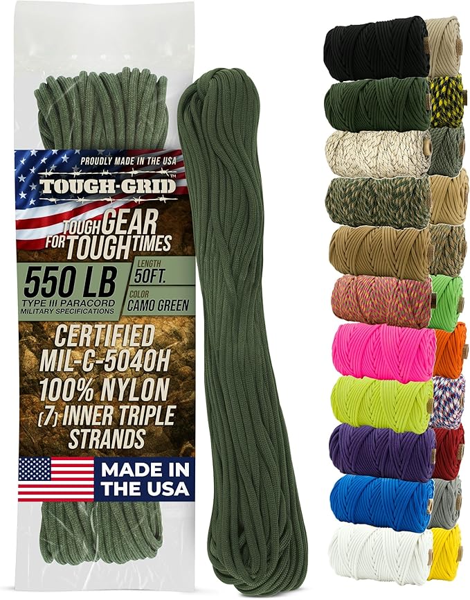 TOUGH-GRID 550 Paracord Rope Nylon Parachute Cord, Made in USA Survival Kit, Outdoor Adventures, Camping, Tactical Gear & ...