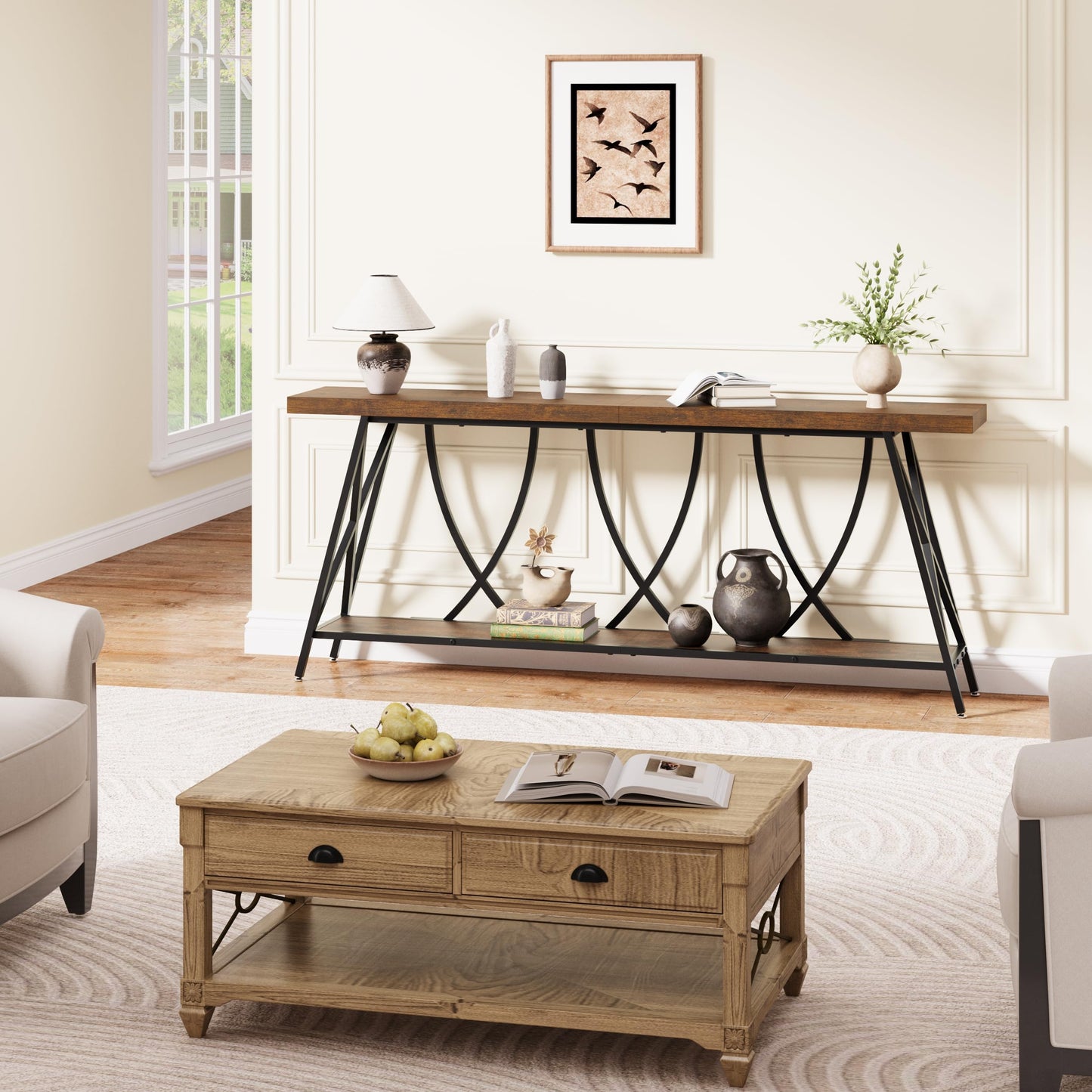 JUSTOGO 70.9" Narrow Console Table for Entryway, Industrial Long Sofa Table Behind Couch, Farmhouse Hallway Table with Storage for Living Room, Entrance, Foyer, Rustic Brown