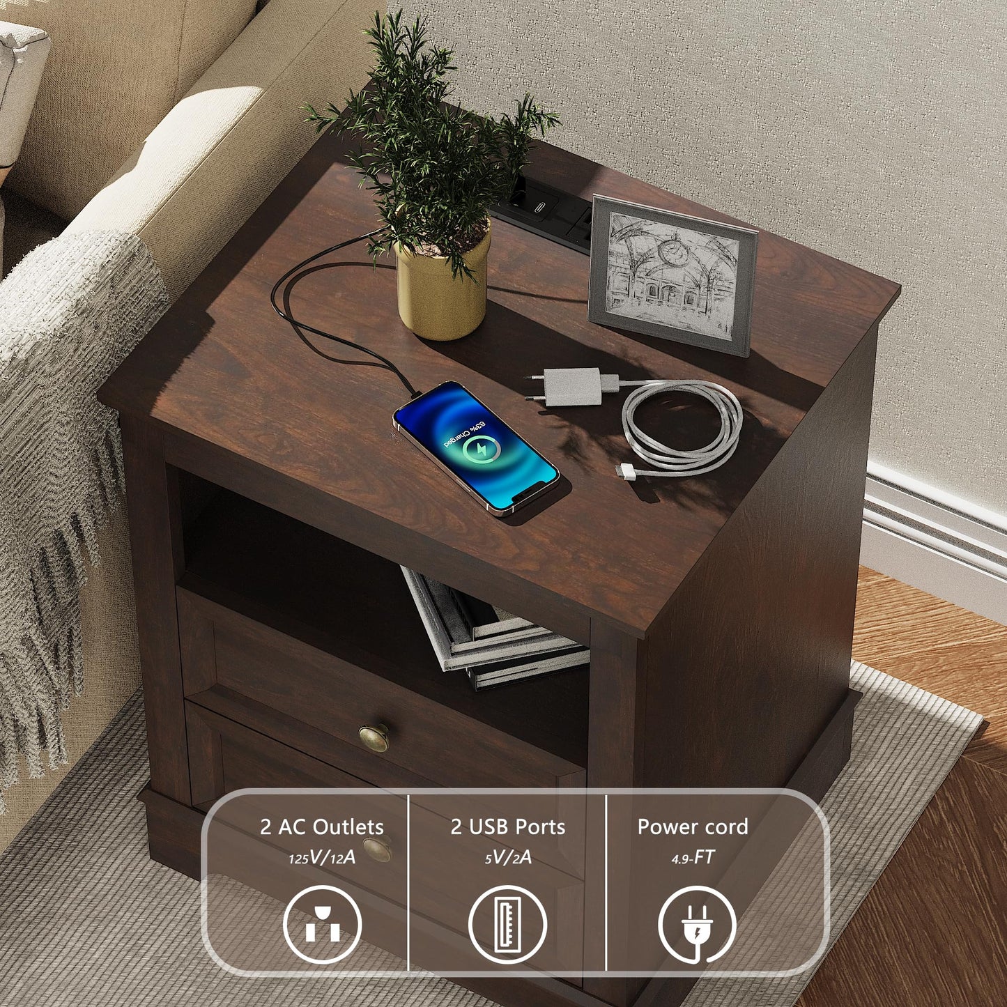 KIGOTY Dressers Bedroom Set of 3, 3 Piece Farmhouse Dresser Set, 9 Drawer Dresser and Nightstand Set of 2 with Charging Station, Bedroom Furniture Set (Brown, 9 Drawer+Nightstand)