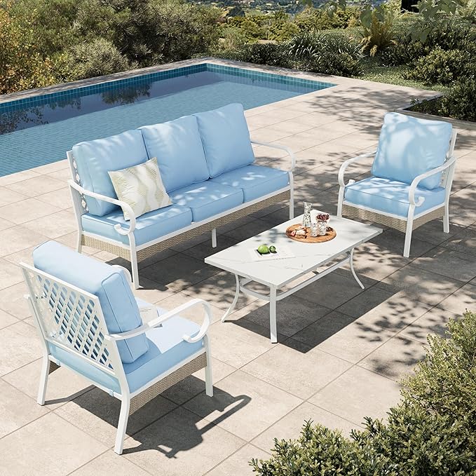 HERA'S HOUSE 4-Piece Patio Furniture Set with Metal & Rattan Design, Includes 2 Fixed Chairs, 3-Seat Sofa & Marble Coffee Table, All-Weather Outdoor Conversation Set for Garden Backyard Lawn, Blue