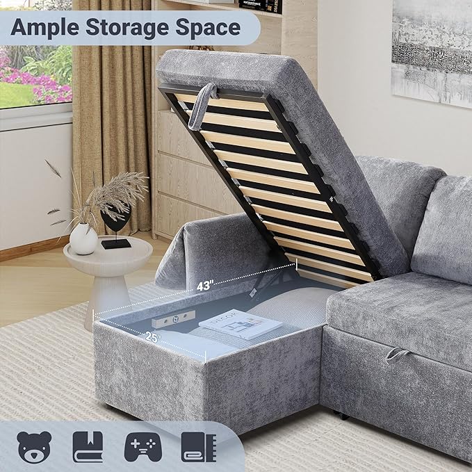 Tbfit Sleeper Sofa Couch with Pullout Bed, Sofa Bed Couch with USB & Storage Chaise, Chenille Convertible Sleeper Sofa, 83'' Pull Out Sofas Couches for Small Space, Apartment, Light Gray