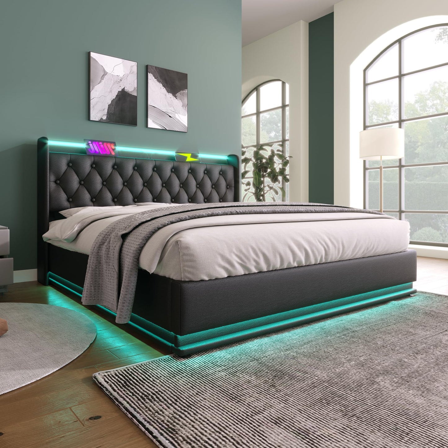 Queen Lift Up Bed with Charging Station & LED Lights, Upholstered Bed Frame with Modern Wingback Storage Headboard, Hydraulic Storage, Wood Slats Support, No Box Spring Needed, Easy Assembly, Black