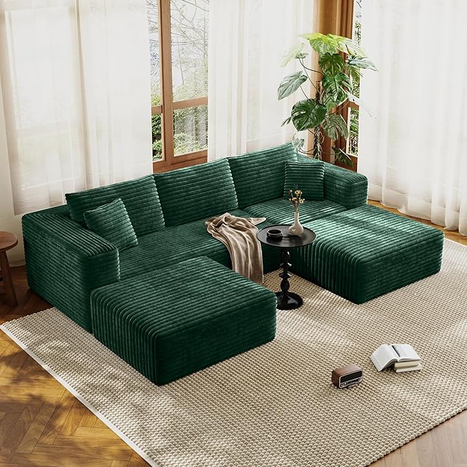 Fancyfire 108" Cloud Modular Sectional Couch with 2 Ottoman,Ultimate Comfort U-Shaped Deep Seat Sofa,Boneless Couch Upholstered 3-Seater Sofas for Living Room, No Assembly Required(Green)