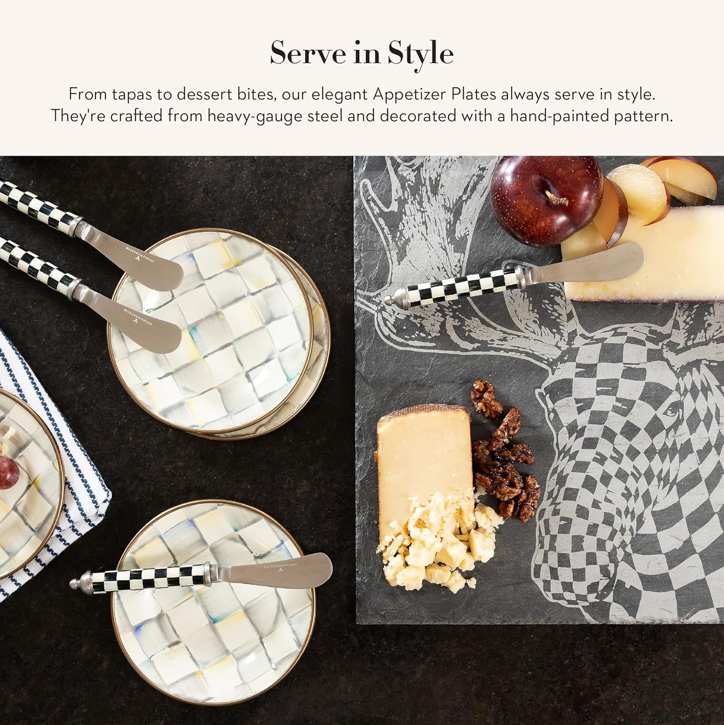 MACKENZIE-CHILDS Set of 4 Enamel Appetizer Plates, Mini Dessert Plates, 5 Inches, Gray-and-White Sterling Check