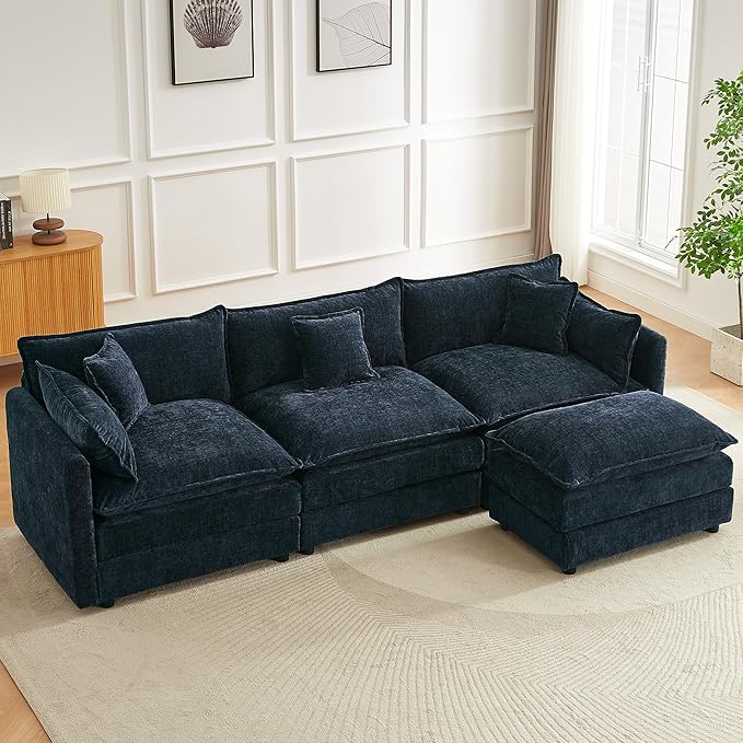 saows Modular Sectional Sofa, 112.2 Inch L Shaped Couch Set with Armrests, 3-Seater Comfy Cloud Couches with Movable Ottoman for Living Room Apartment, Blue