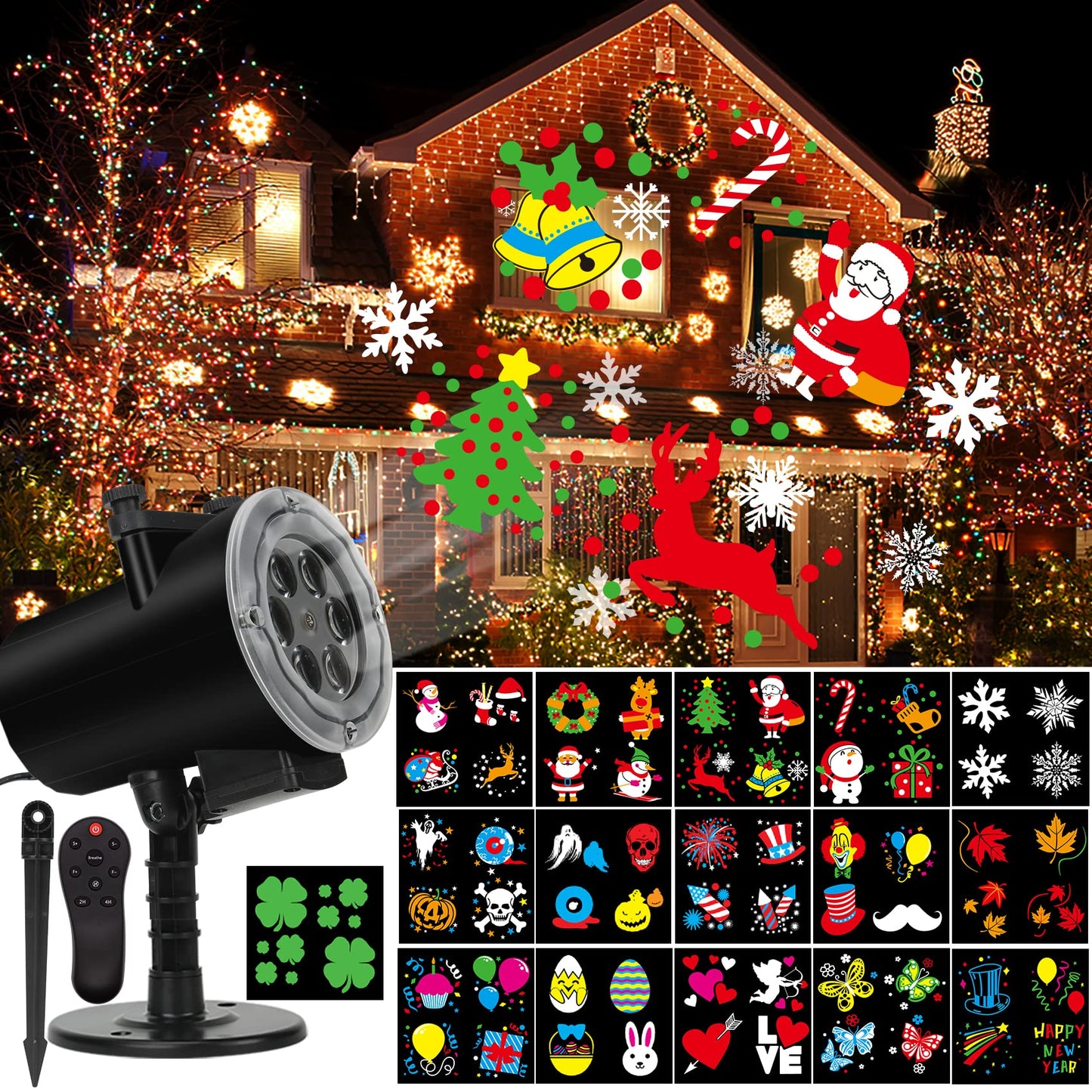 Syslux Holiday Projector Light, Halloween Christmas Projector Lights 16 HD Slides LED Waterproof Light Outdoor Indoor Light with Remote Control for Party Garden Halloween Xmas Holiday Landscape Decor