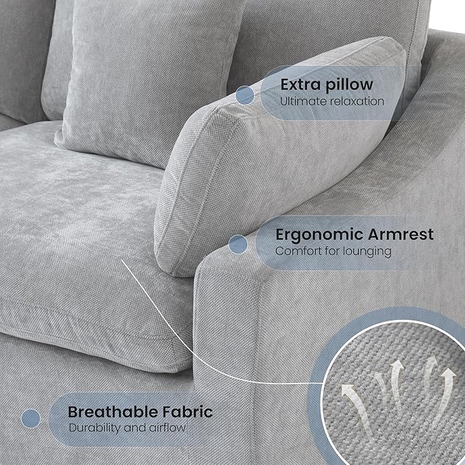 156" Cloud Couch Modular Sectional Sofa with Ottoman,L Shaped Down Filled Couch,Convertible Sofa,Cover Washable and Replaceable Couches for Living Room,Gray