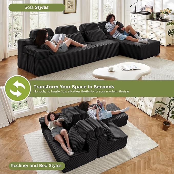 136" L-Shaped Cloud Modular Sectional Sofa with Chaise & Headrest, Boneless Deep Seat Plush Corduroy Couches for Large Living Room, No Assembly Required (Black, 136" L-shapred Chaise)