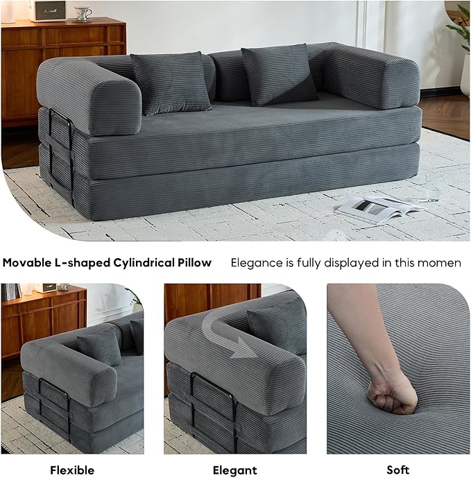 ZEIINPA Comfy Convertible Folding Mattress Couch, Floor Sofa Bed with Fixed-Shape Frame, Corduroy Floor Sofa with Armrest, Floor Sofa Lounge Couch for Living Room Bedroom Lounge Studio,Grey