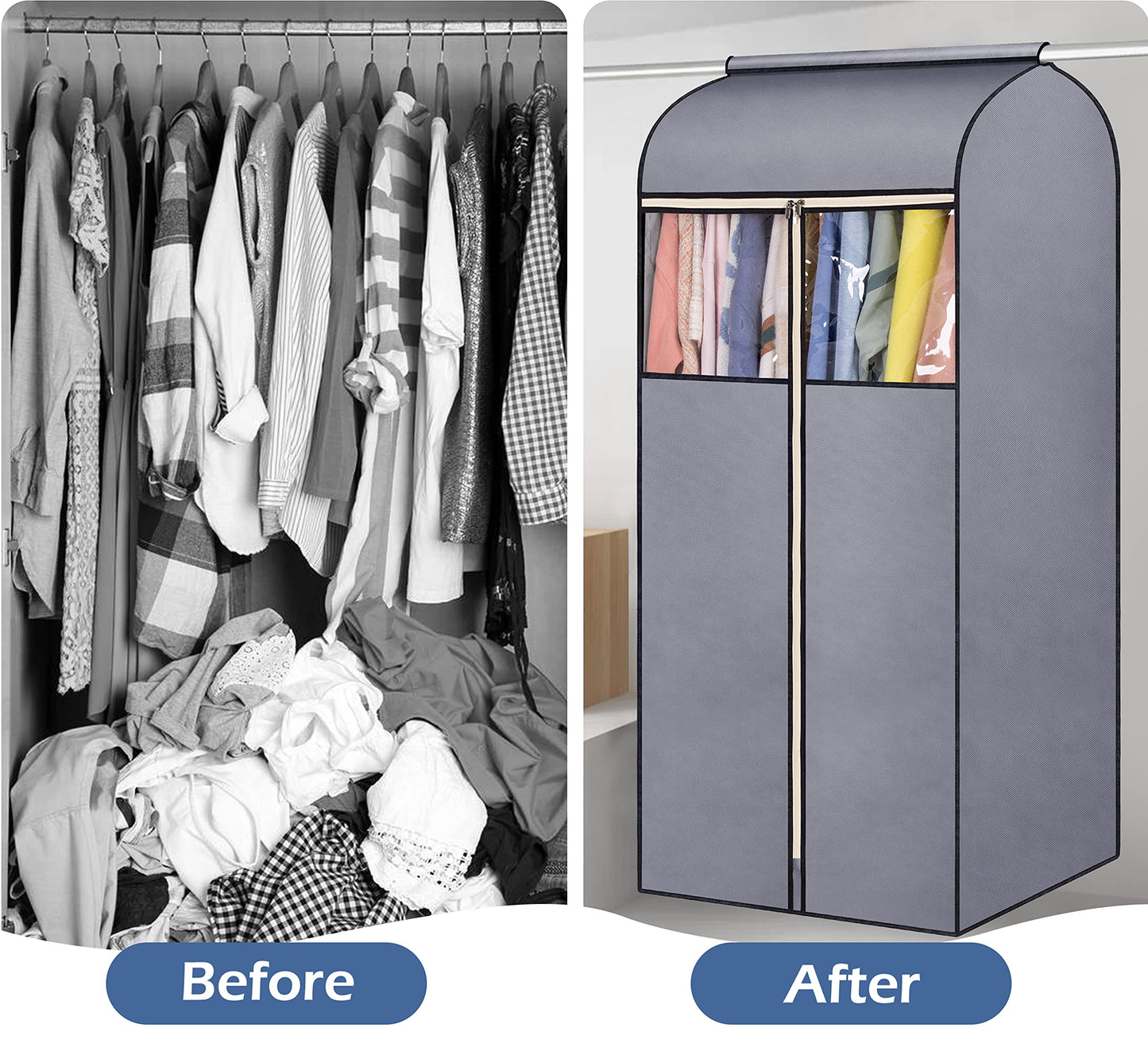 SLEEPING LAMB 54'' Hanging Garment Bags for Closet Storage Sealed Completely Jackets Coats Suits Clothes Rack Cover for Wardrobe with Clear PVC Window, 2 Packs, Grey(Hanging Rod Not Included)
