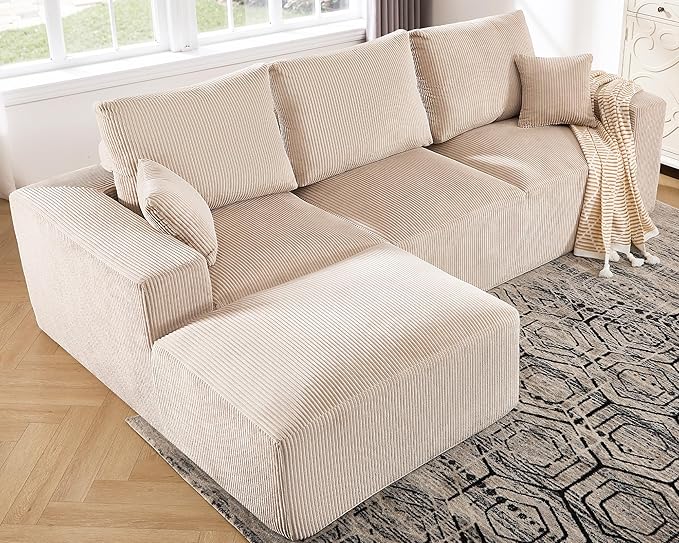 108" Modular Sectional Sofa, Compression Sofa with Deep Seat, Modular L-Shape Couch with Chaise, Upholstered Couches for Living Room Bedroom, No Assembly Required (Oat Corduroy, 108" L Shape)