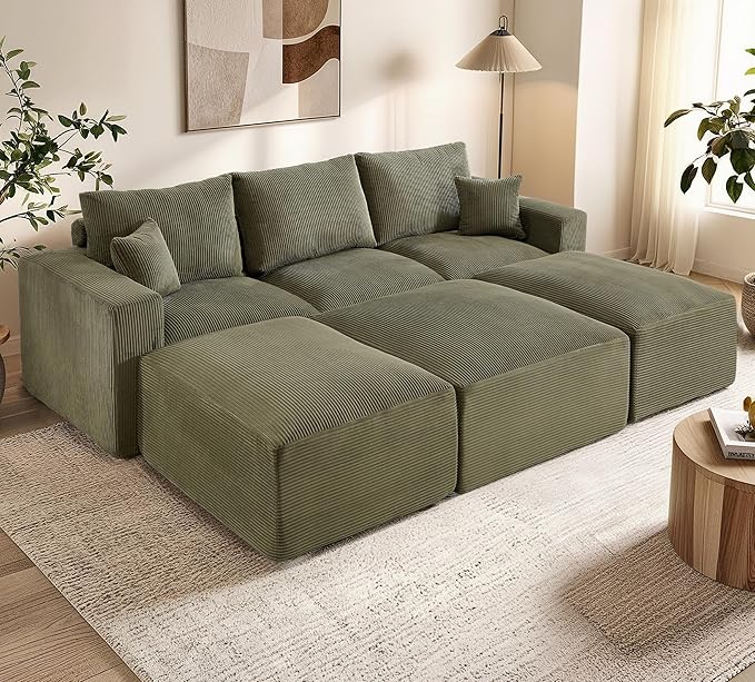 113" Modular Sectional Sofa, Compression Sofa with Deep Seat, Convertible Sofa Bed Couch with Ottoman, Upholstered Couches for Living Room Bedroom,No Assembly Required (Green Corduroy, 113" Sofa Bed)
