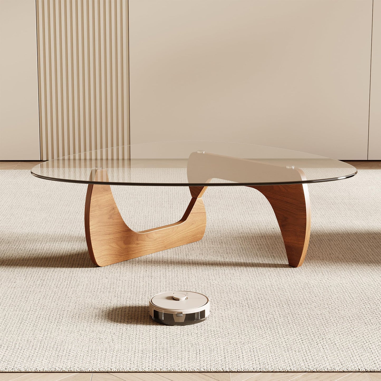 Honyee Morden Coffee Table, 42.5" x 28.5" x 16.1" Triangle Tempered Glass Top for Living Room, Color: Natural Wood