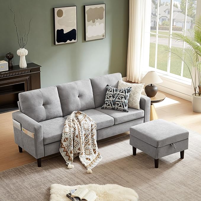 Pingliang Home 80" Convertible Sectional Sofa Couch with Movable Ottoman, 3 Seats Sectional Sofas L Shaped Couch for Small Spaces, Soft Fabric Couch for Living Room (Light Grey)