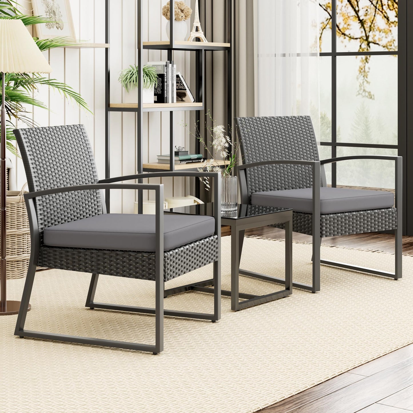 ELEGIBLISS 3-Piece Patio Furniture Set, Wicker Rattan Chairs with Coffee Table, Metal Frame, for Outdoor Balcony, Porch