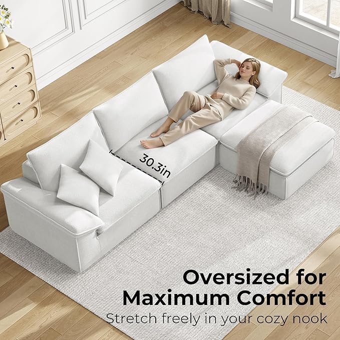 LIKIMIO 120" L-Shaped Modular Sectional Sofa, Cloud Sectional Couch with Deep Seat, Comfy Teddy Upholstery, Oversized 3-Seater with Ottoman, Boneless Couch for Living Room, No Assembly, White