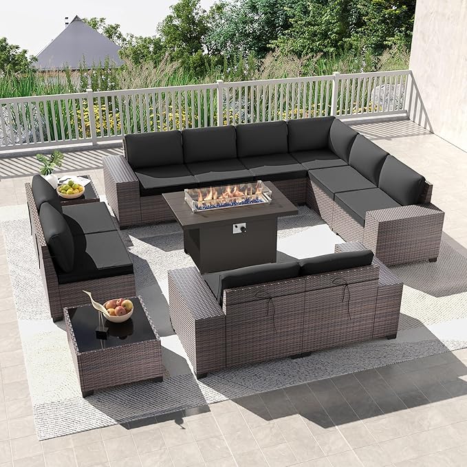 Kullavik 13 Pieces Outdoor Patio Furniture Set with 43" 55000BTU Gas Propane Fire Pit Table PE Wicker Rattan Sectional Sofa Patio Conversation Sets,Black