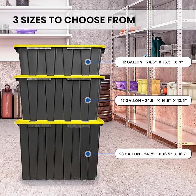 Lifetime Home 4 PACK of X-Large 23 Gallon Plastic Storage Bin Tote Organizing Container with Secure Latching Lids, Stackable, Extra Strength with Built in Handle - Black & Yellow