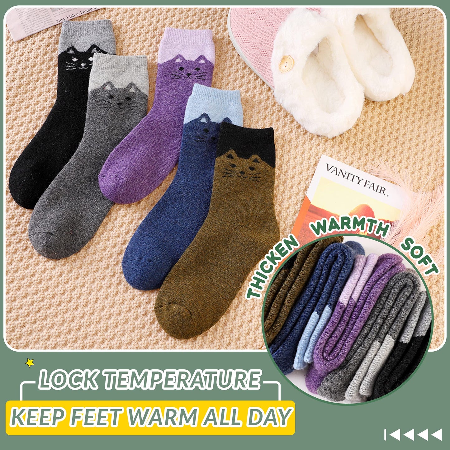 Velice Women Wool Socks Thick Thermal Hiking Warm Winter Crew Cushion Cozy Work Boot Socks 5 Pairs(Cat)