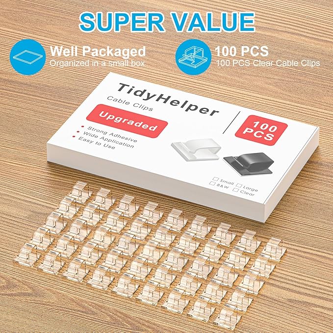 100 PCS Outdoor Light Clips (Small, Clear), Christmas Light Clips for String Lights, Adhesive Cable Clips for Cable Management Cord Organizer, Wire Holders Hooks for Wall, Car, PC