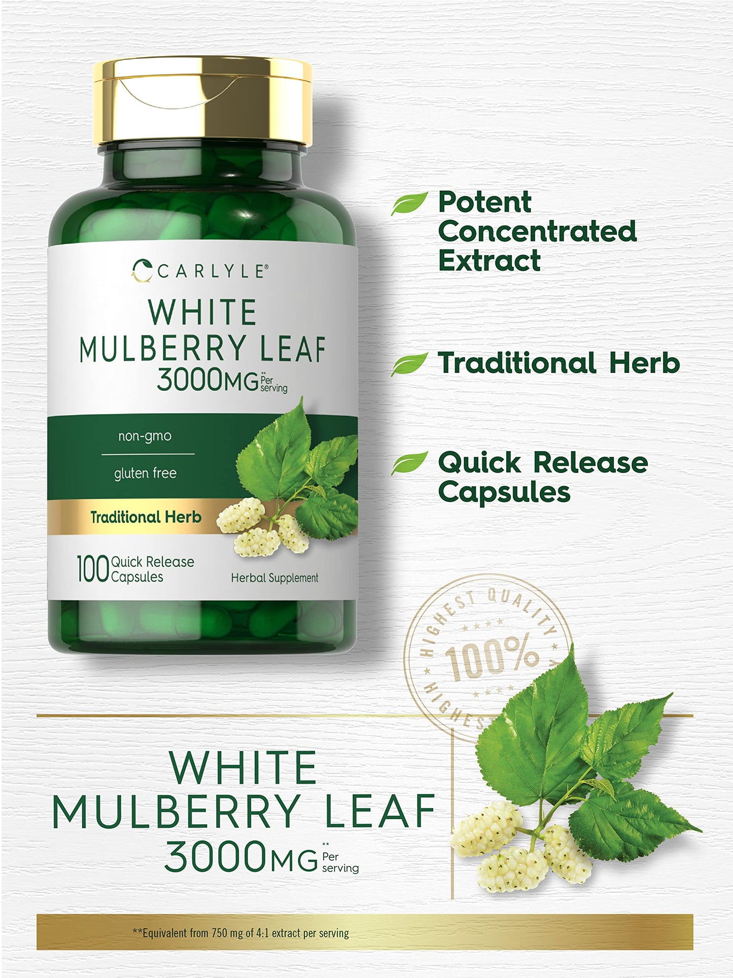 Carlyle Mulberry Leaf Extract | 3000mg | 100 Capsules | Non-GMO and Gluten Free Herbal Supplement