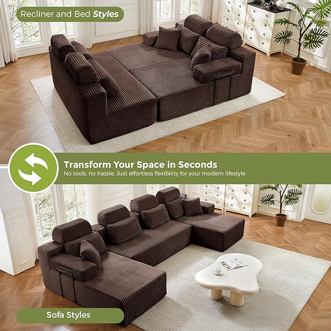 141" U-Shaped Cloud Modular Sectional Sofa with Chaise & Headrest, Boneless Deep Seat Plush Corduroy Couches for Large Living Room, No Assembly Required (Brown, 141" U-shapred Chaise)