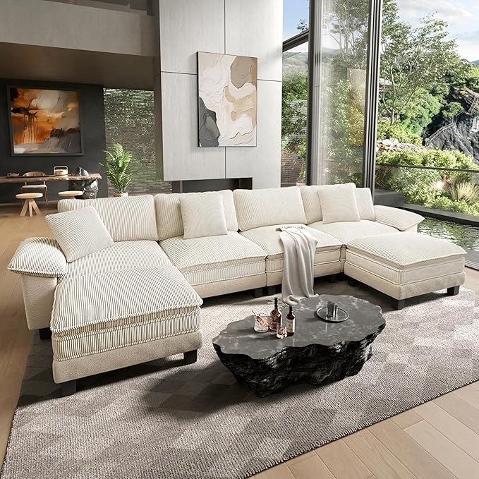 HERA'S HOUSE 158" Modular Sectional Sofa, Oversized U Shaped Couches for Living Room, Comfy Cloud Couch with Ottoman, 6-Seater Deep Seat Sofa with Throw Pillow, Corduroy and Chenille Beige
