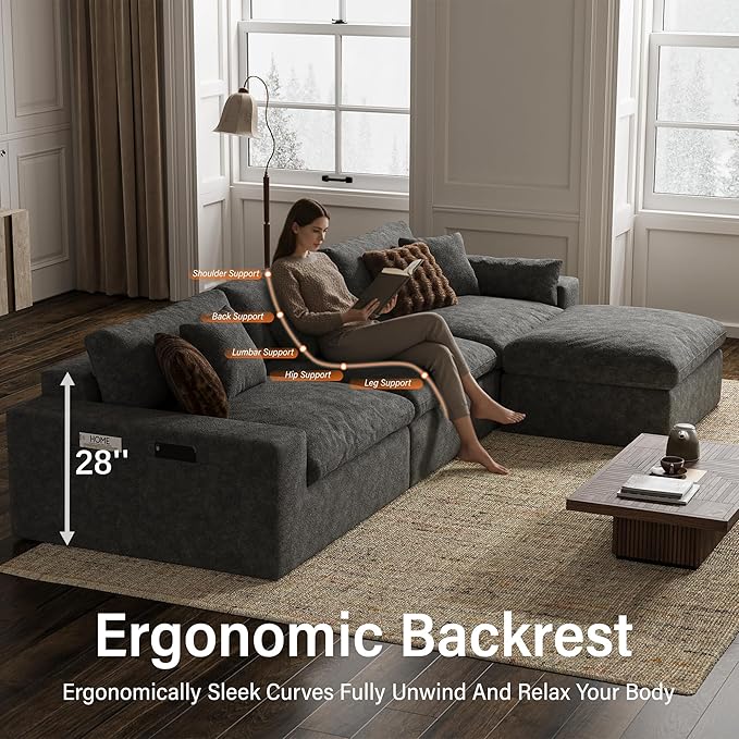 160'' Oversized Boneless Sectional Couches for Living Room, Deepseat Boneless Cloud Modular Sectional Sofa with Ottoman, No Assembly Required L-Shape Cloud Sofa, Plush Fabric, Dark Gray