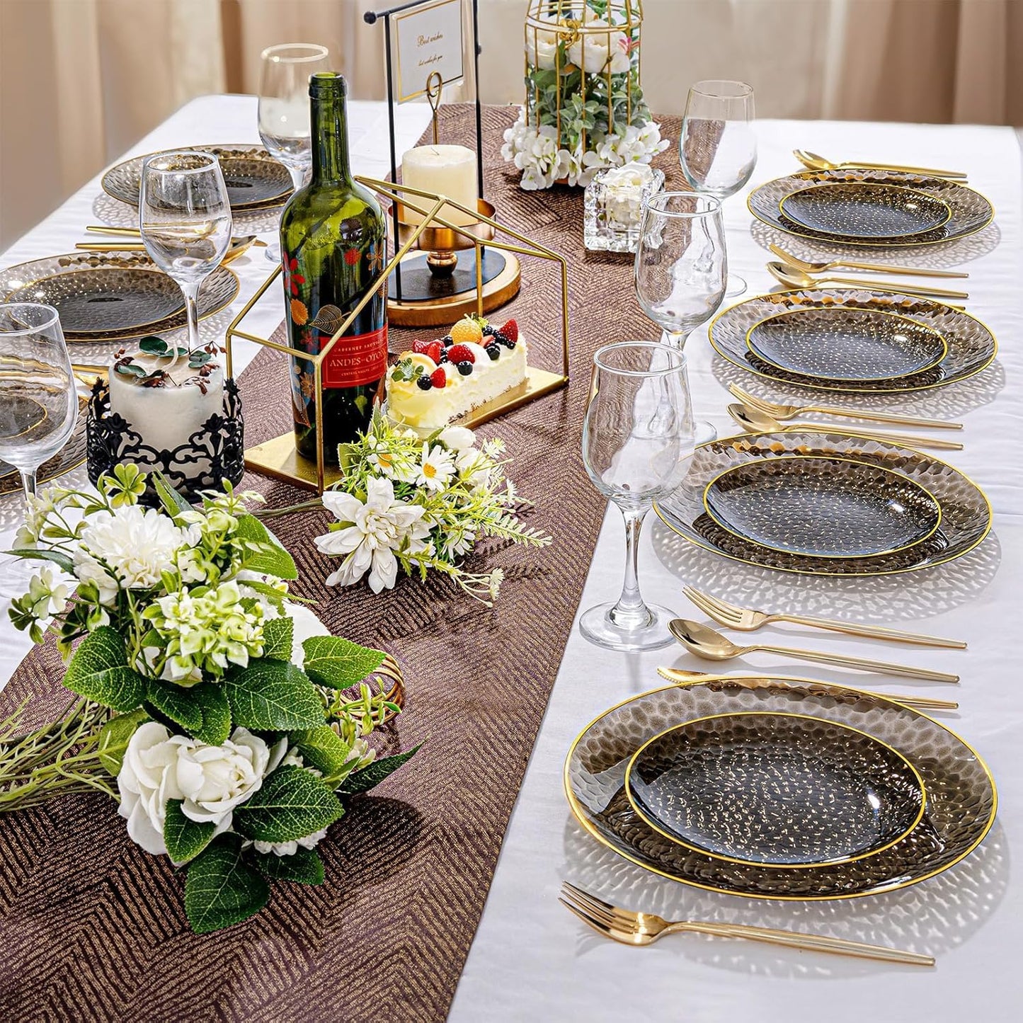 Rubtlamp 60Pcs Black Plastic Plates, Black Disposable Plates With Gold Rim, Clear Heavy-duty Party Plates, Hammered Plastic plates Include 30 Dessert Platos, 30 Dinner Platos for Party, Halloween