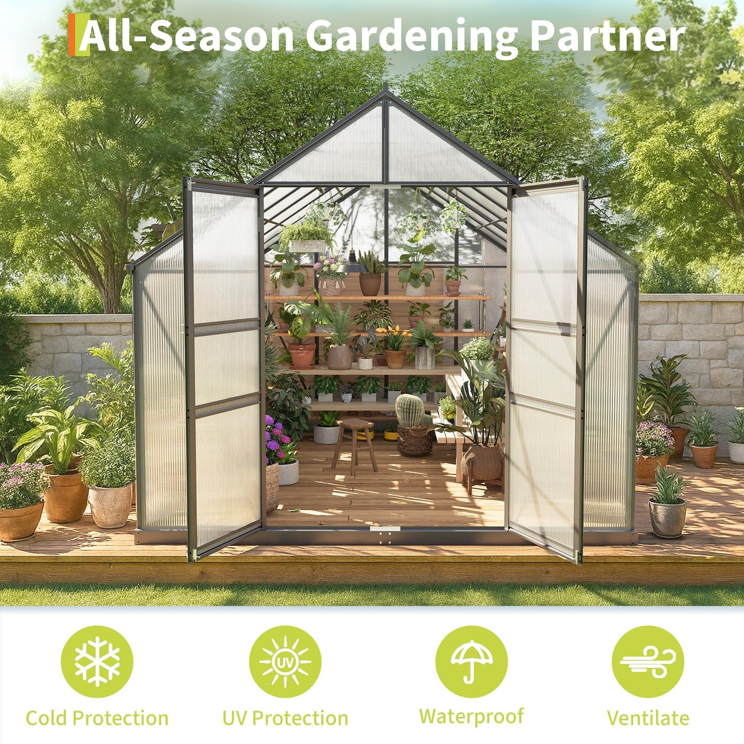 8×14FT Polycarbonate Greenhouse for Outdoors, Large Walk in Green House Kit and Winter Garden Planting, Enhanced Aluminum Green Houses for Outside to Protect Vegetables or Plants