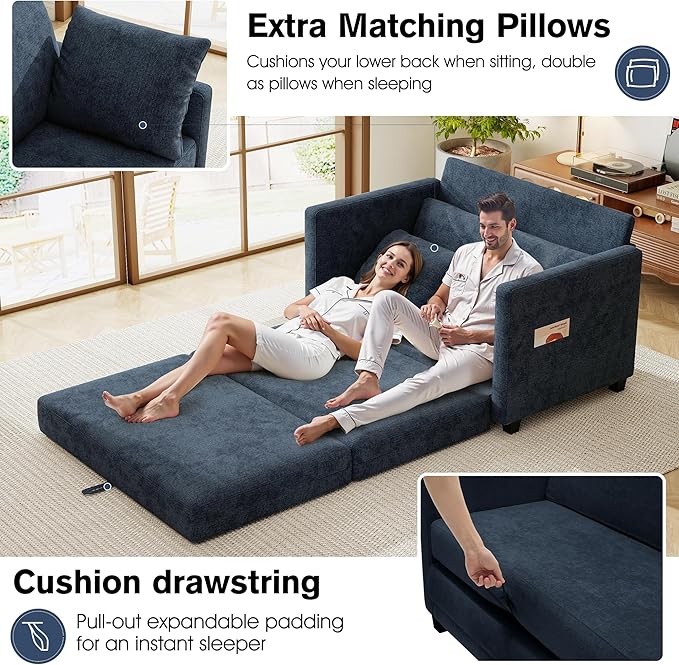 kakuboohi 51" Loveseat Sleeper Sofa Bed, Chenille Convertible Floor Sofa Bed for Small Spaces, Folding Couch Bed with Deep Seat, 2 Pillows & Solid Frame, Pull Out Floor Couch for Living Room, Blue
