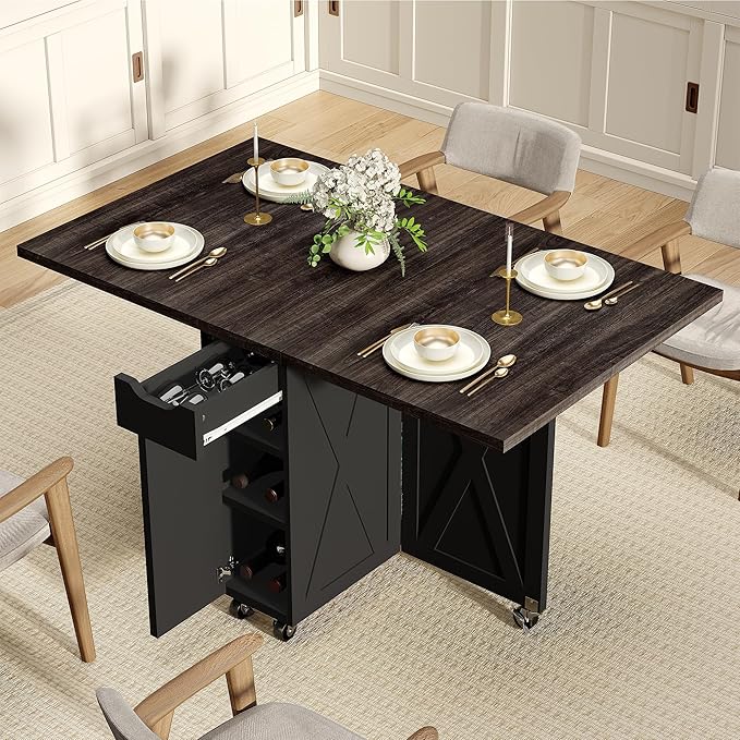 BHAODEAL Space Saving Folding Dining Table with 2 Tier Storage-Extendable Drop Leaf Farmhouse Wood Kitchen Dining Room Tab...