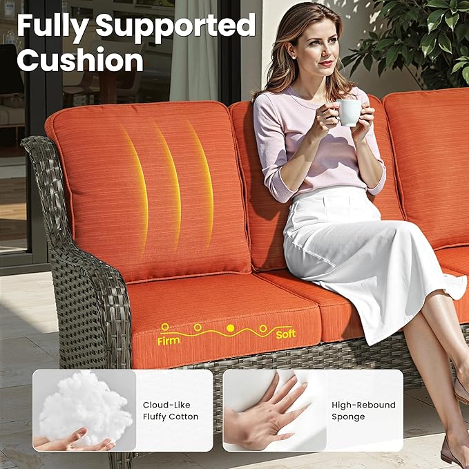 ovios 9 Pieces Patio Furniture Set, Outdoor Wicker Sofa Couch with Swivel Chairs Ottomans Comfy Cushions, High Back Modern All Weather Conversation Sets, Brown Rattan, Orange Red