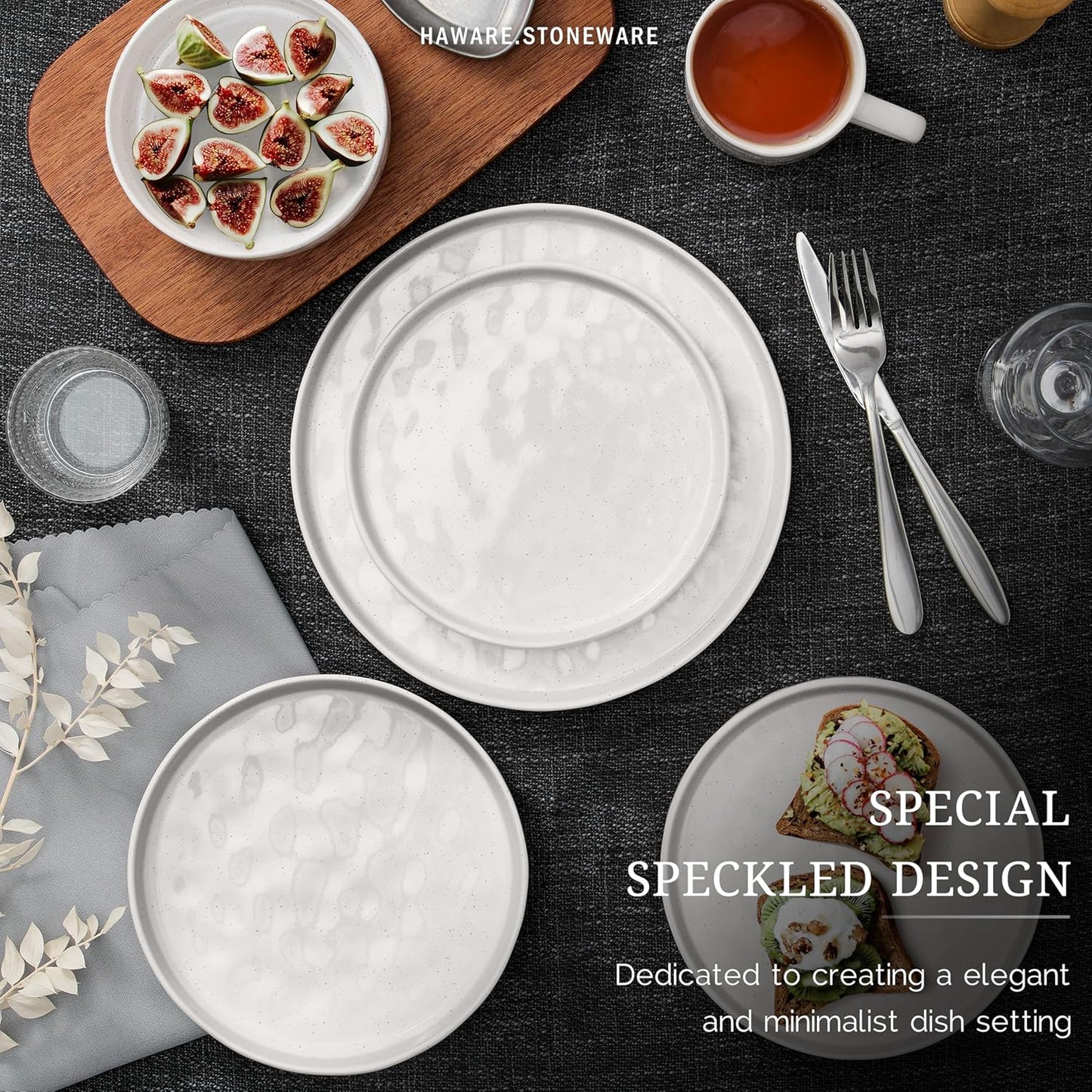 HaWare Dinnerware Sets, 24-Piece Plates and Bowls Set, Stoneware Dish Set for 8, Ceramic Dinnerware for Home Restaurant, Chip and Scratch Resistant, Microwave and Dishwasher Safe, Speckled White