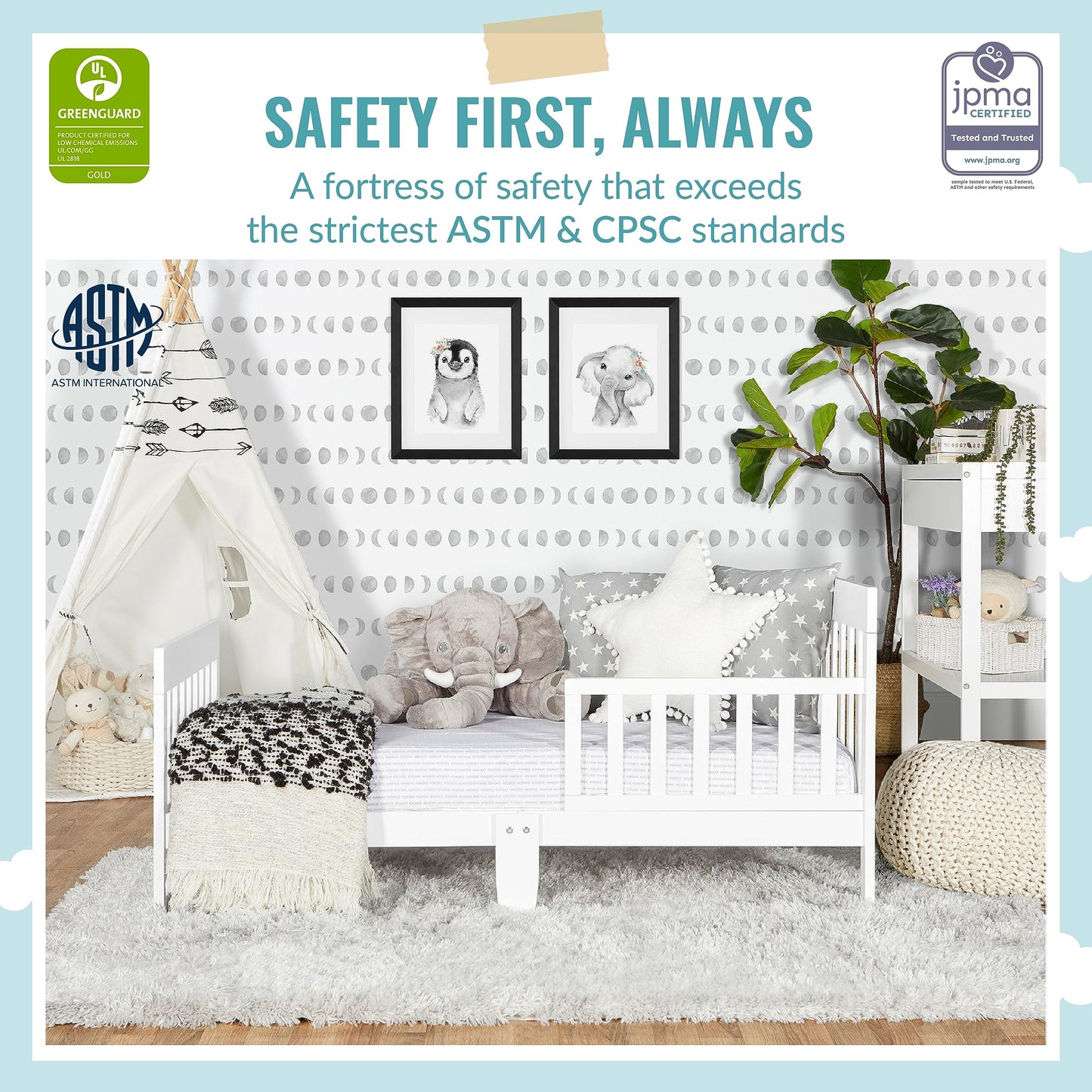 Dream On Me Finn Toddler Bed in White, Greenguard Gold and JPMA Certified, Non-Toxic Finish, Made of Sustainable New Zealand Pinewood, Wooden Nursery Furniture