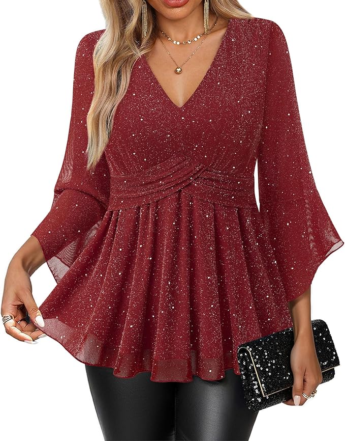 VALOLIA Womens Sparky Tops 3/4 Sleeve Glitter Sequin Shiny Dressy Blouses V Neck Party Evening Cocktail Shirts