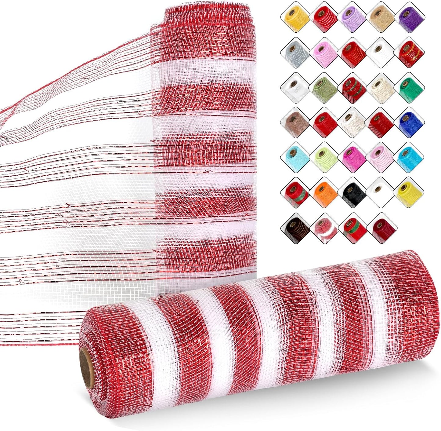 2 Rolls Mesh Ribbon for Wreaths 10 Inch x 30 Foot Wreath Mesh Rolls with Metallic Foil for Easter Christmas Party Wedding Home Decor DIY Craft Projects and Gift Wrapping (Red/White)