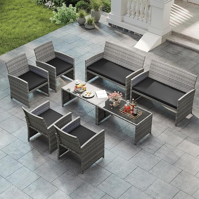 Tangkula 8 Piece Patio Wicker Furniture Set, Outdoor Heavy Duty Rattan Cushioned Chairs, Loveseat and Tempered Glass Coffee Table, for Backyard, Balcony, Poolside