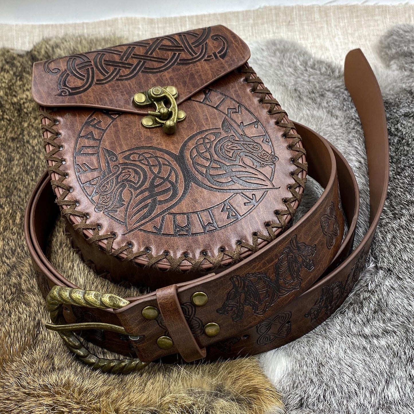 HiiFeuer Viking Fenrir Embossed Buckle Belt and Bag Set, Vintage Faux Leather, Brown