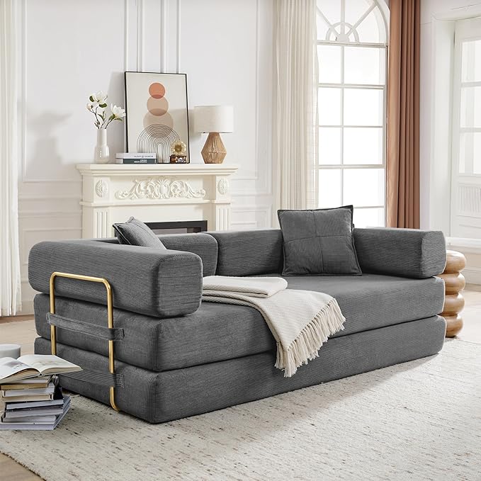 Convertible Couch Sofa Bed Foldable Floor Sleeper | Modern Deep Seat Fold Out Couch | Removable Backrest & Armrests | No Assembly Compression Sofa Sleeper for Living Room, Bedroom | Corduroy Gray