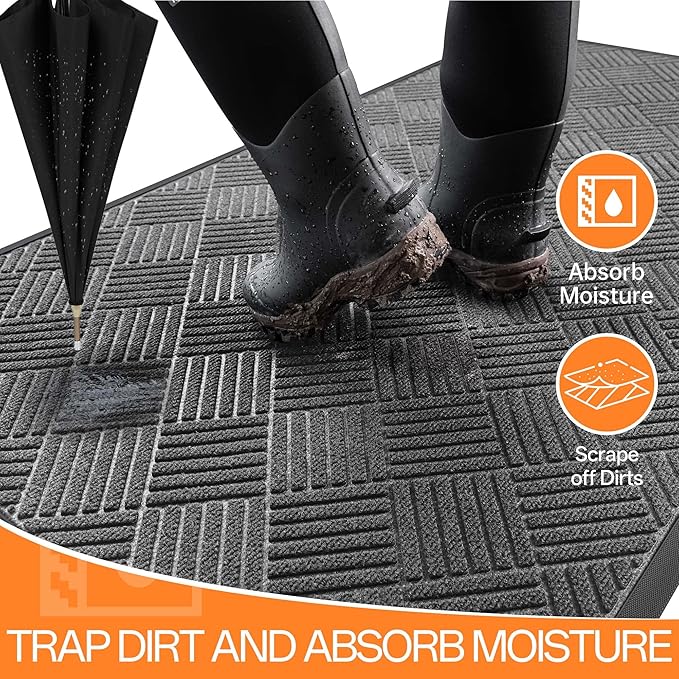 Indoor Outdoor Door Mat, 6’x 4' Doormat for Entryway, Rubber Backing Non Slip Front Door Mat Outside Entrance, Super Absorbent Commercial Floor Mat for Home Office, Gray