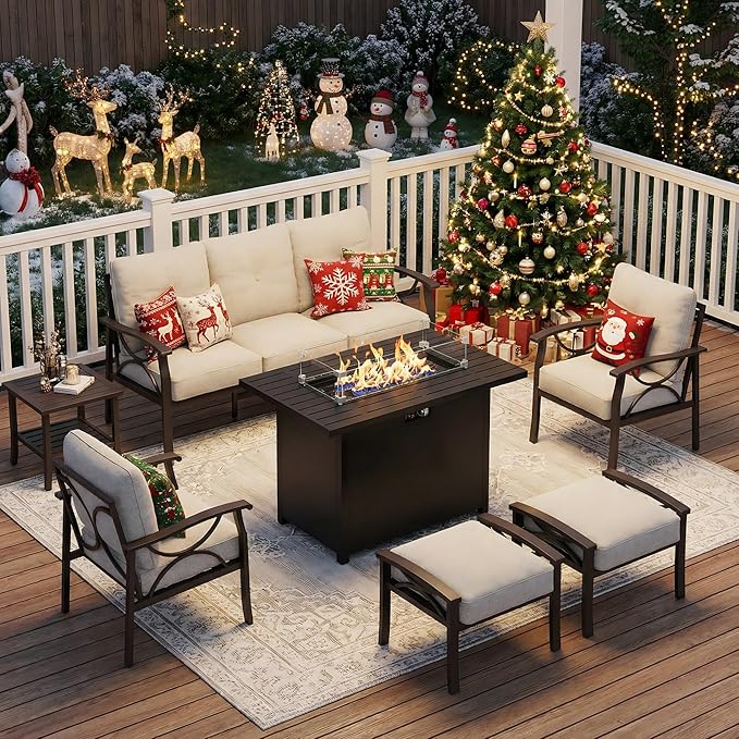 FansaFurn 7-Pieces Outdoor Patio Furniture Set with 43" Fire Pit Table, Outdoor Metal Sectional Sofa with Cushions, Outdoor Conversation Set for Garden, Balcony, Deck, Backyard, Khaki