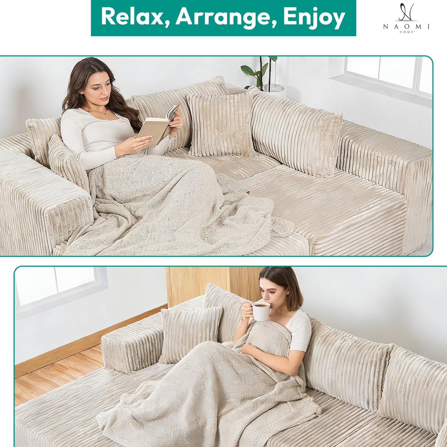 Naomi Home Pamela 110" Boneless Cloud Couch L Shaped Modular Sectional Sofa with Chaise, Deep Seat Comfy Corduroy Couch for Living Room, Sag-Free Foam, Pet Friendly, No Assembly Beige