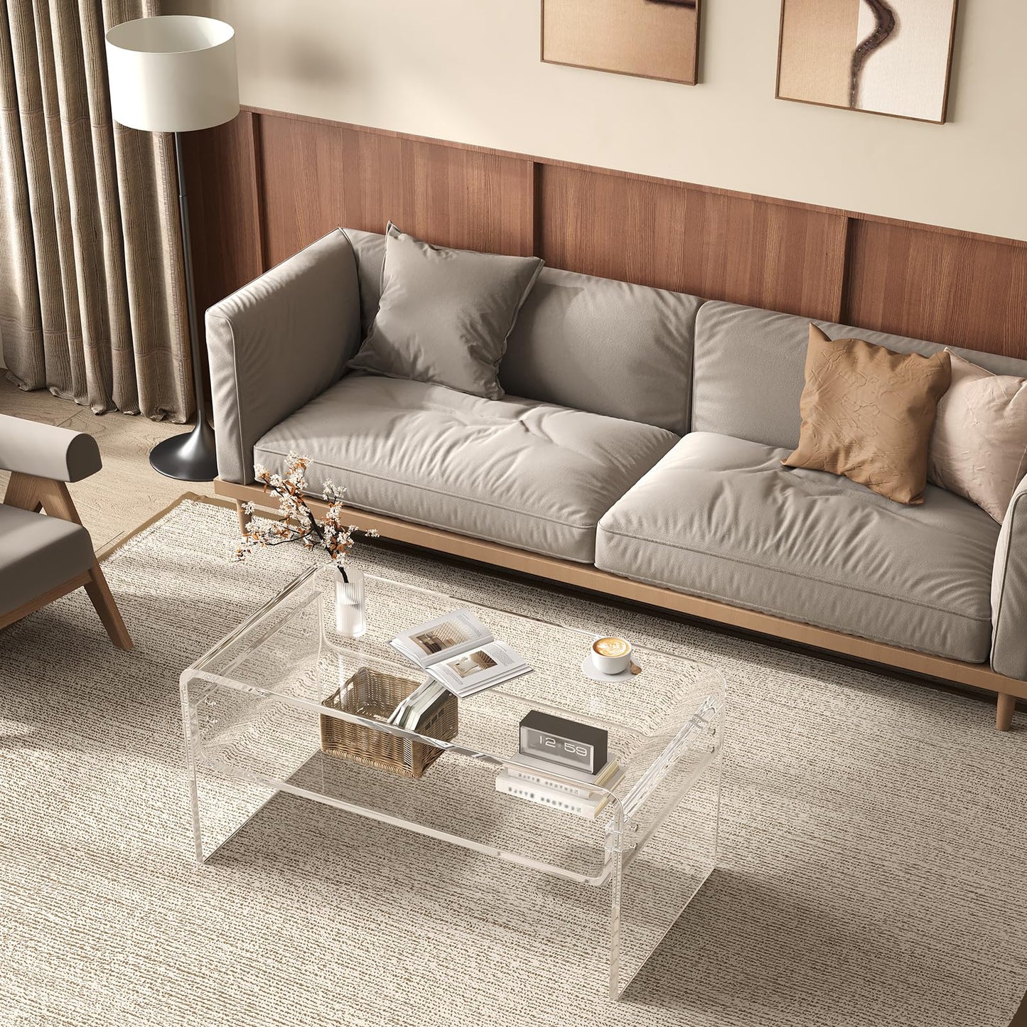 DOHWSK 2-Tier Acrylic Coffee Table, Side End Table with Storage Shelf, Modern Center Table for Living Room, Office, Bedroom, Home Small Space, Easy Assembly (Clear)