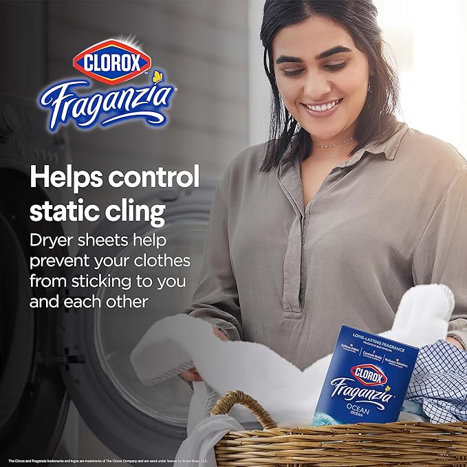 Clorox Fraganzia Fabric Softener Dryer Sheets, Ocean Scent - Wrinkle Reducing Scented Softening Laundry Dryer Sheets for Great Smelling Clothes, 80 Count