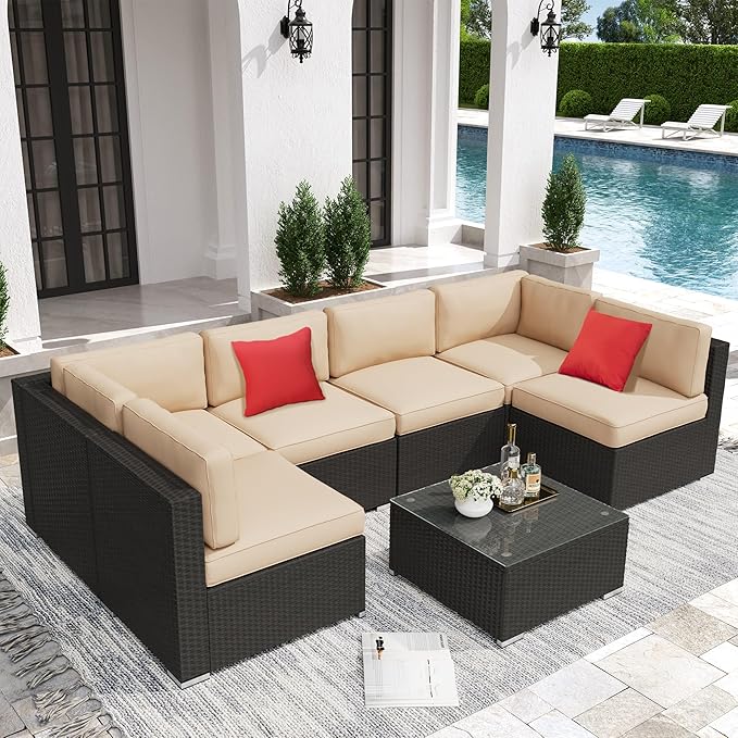 Crownland 7 Pieces Outdoor Patio Furniture Sets, All-Weather Black Wicker Rattan Sectional Sofa, Modern Glass Coffee Table and Washable Seat Cushion with Zipper,Light Brown