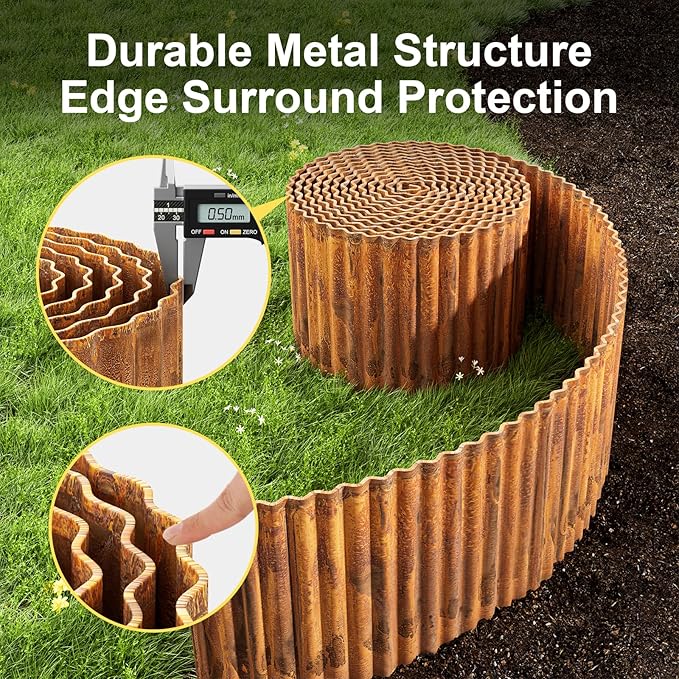 Land Guard Corrugated Garden Edging Border, 6" × 50' Landscape Paver Edging, Tall Landscape Edging, Fence for Garden, Flower Bed, Lawn and Landscape Edging (Rusty)